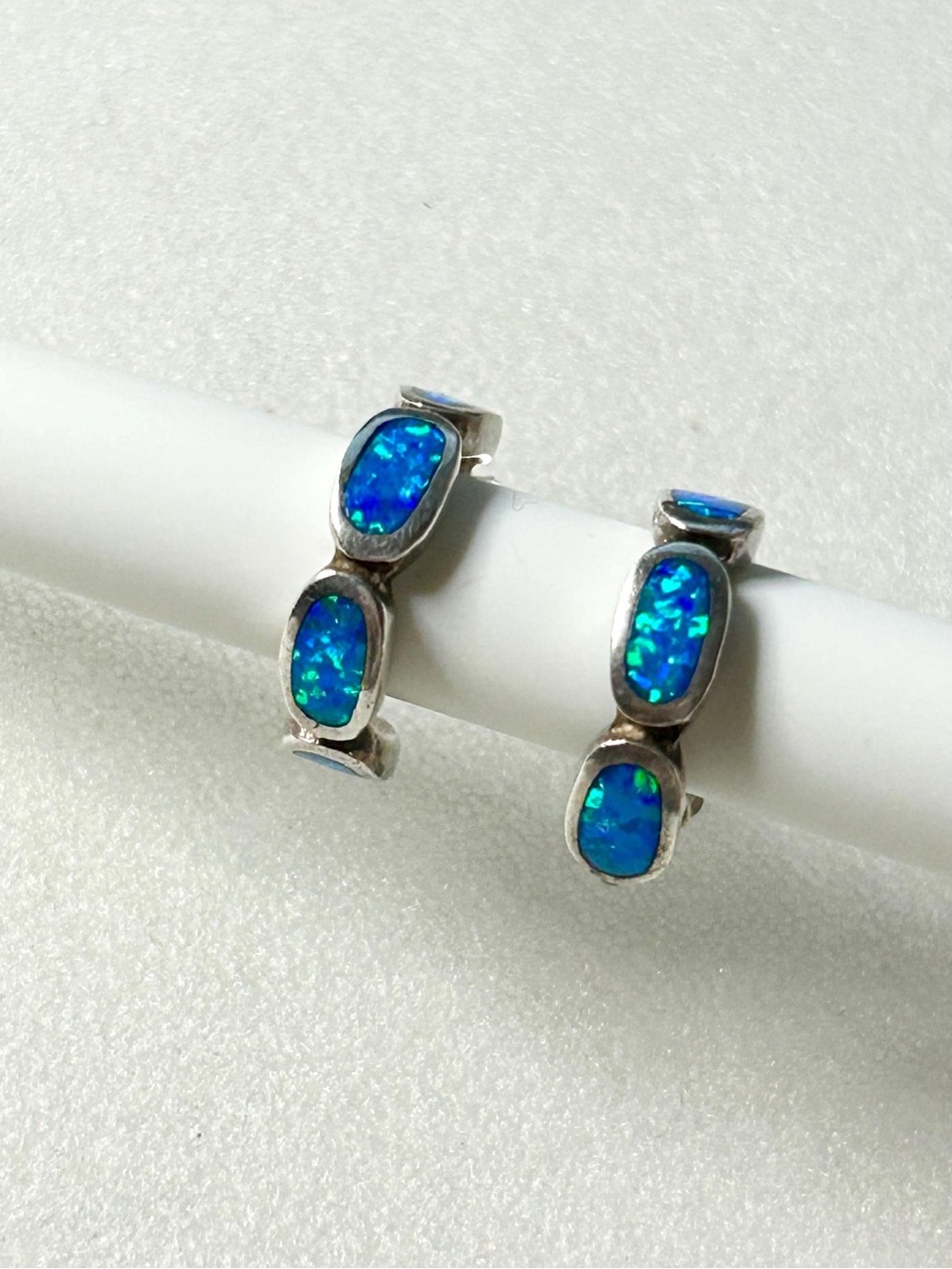 Sterling Silver Blue Opal Hoop Earrings